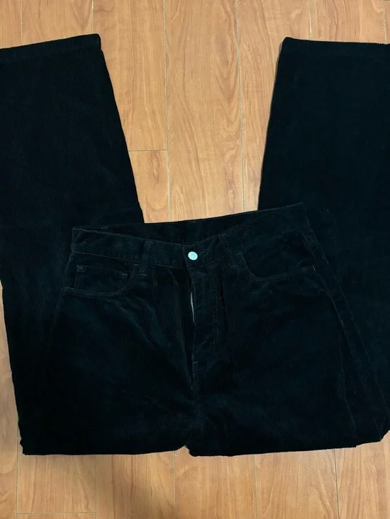Carhartt WIP Black Corduroy Straight-Leg Pants with Logo Patch - Picture 2 of 7